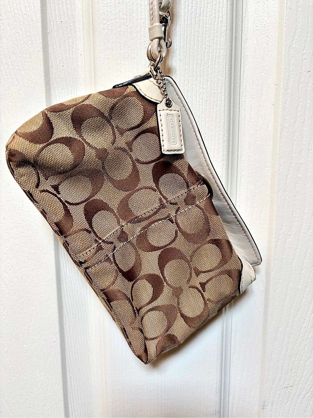 Coach Signature Medium Turnlock Wristlet Brown & White